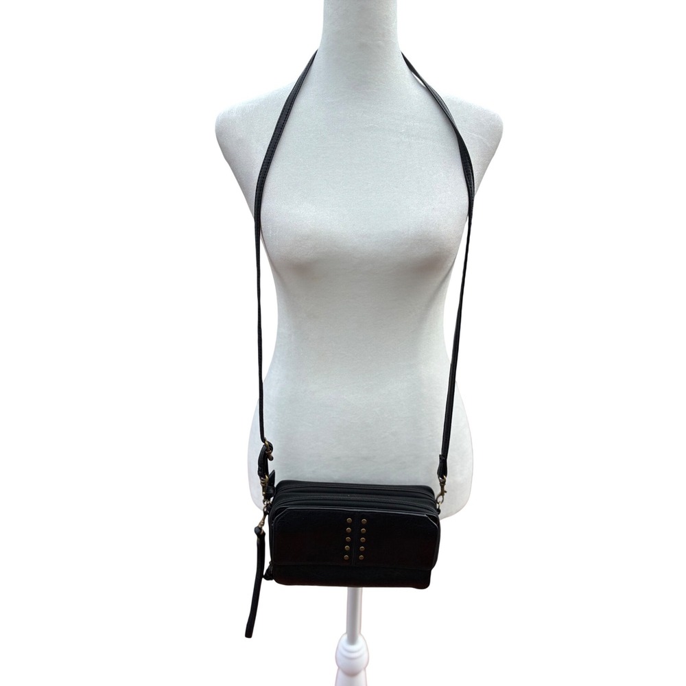 Black Faux Leather Studded Triple Zip Crossbody Wallet Phone Bag Organizer
